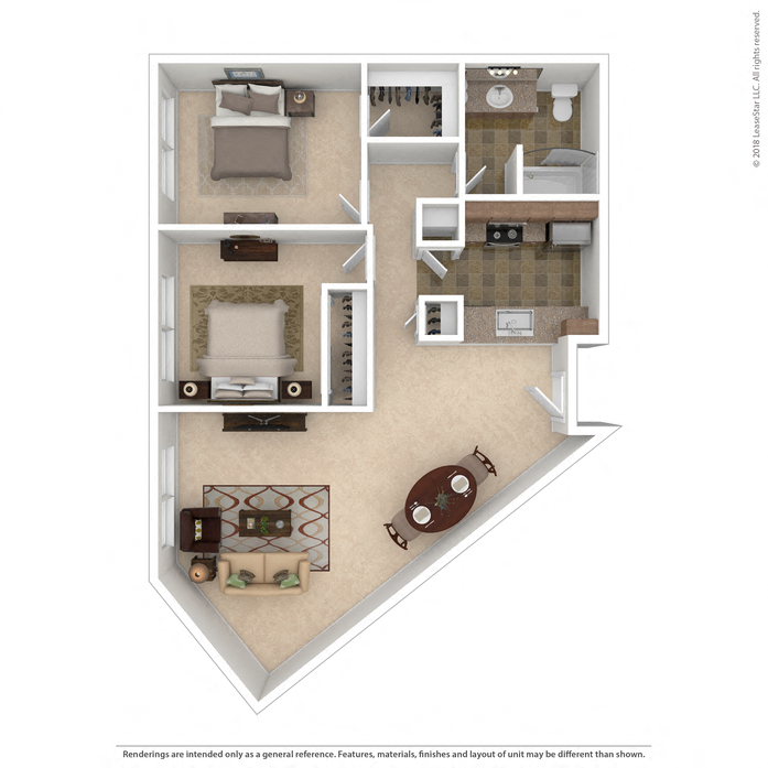 Floor plan for 2 beds, 1 bath, 978 sqft
